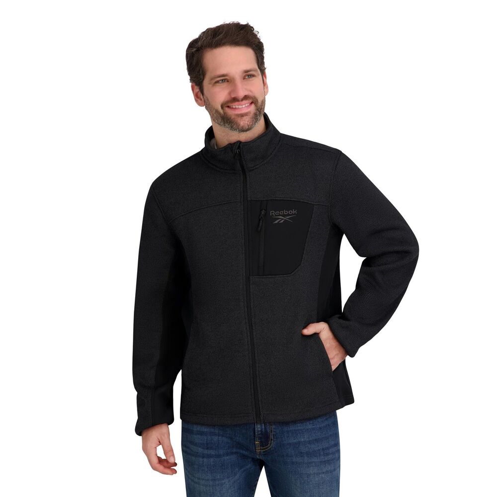 Reebok Mens Mock Neck Zip-Up Textured Fleece Shell Jacket Charcoal Small NWT